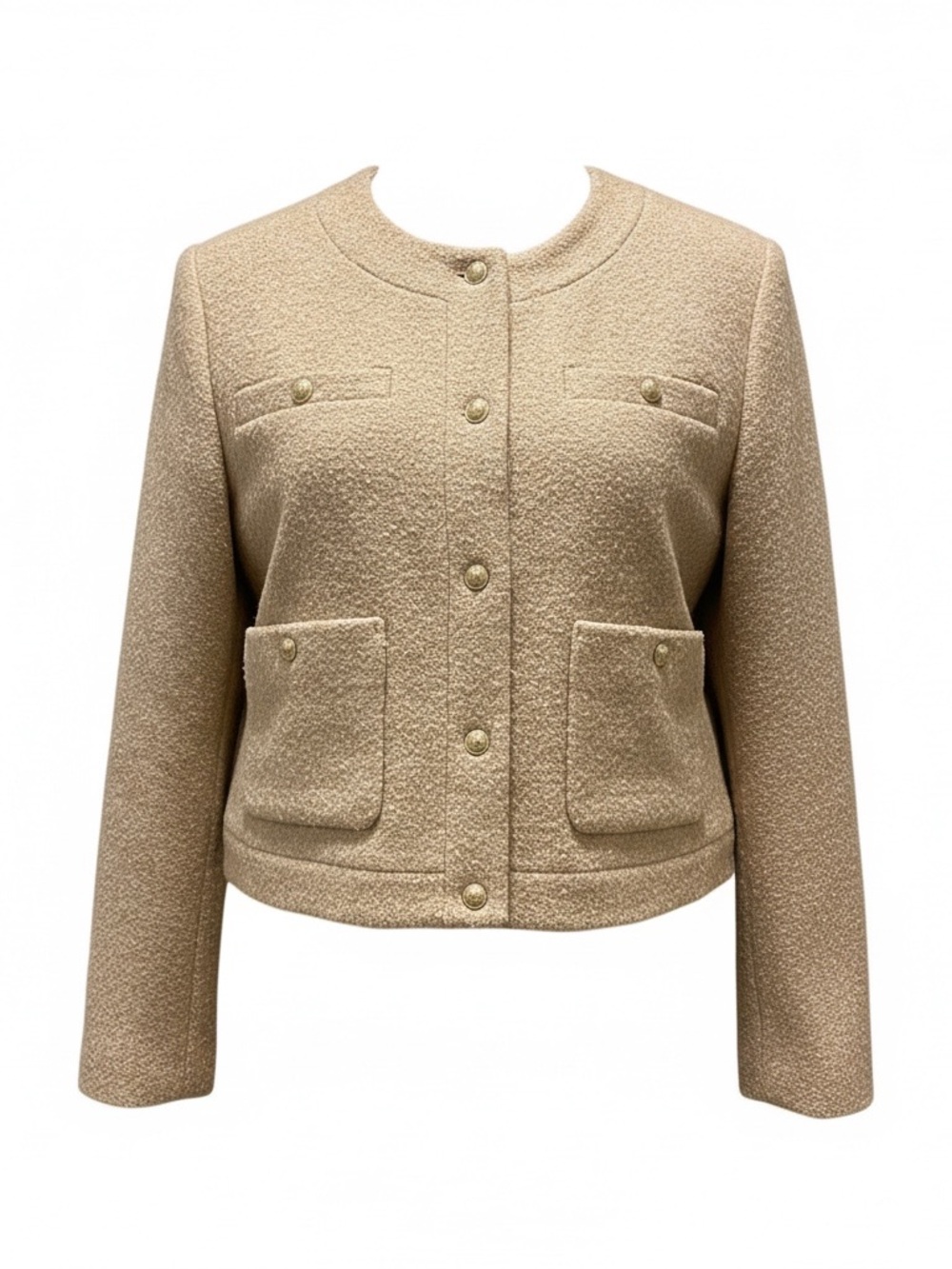 J. Crew Cream Bouclé Collarless Jacket with Gold Buttons